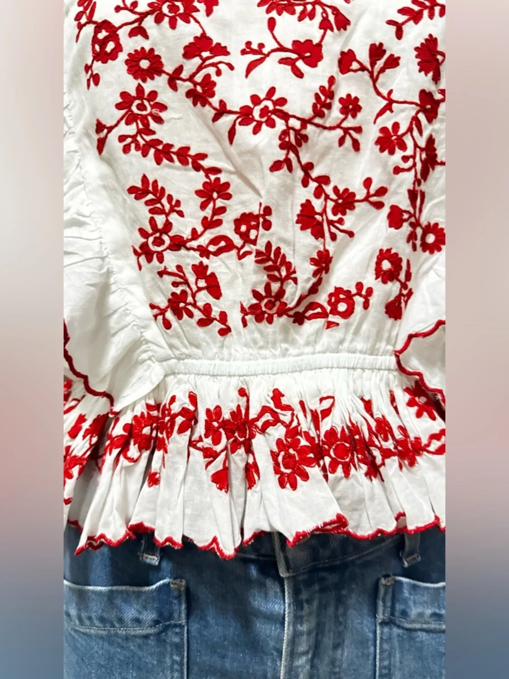 Farm Rio White Peasant with Red Floral Embroidery Long Sleeve Blouse Sz small - Picture 7 of 12